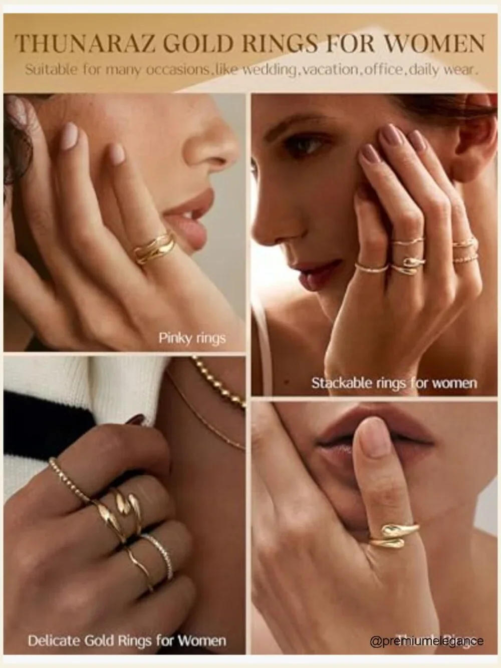 Stackable Cubic Zirconia Rings Set 14k Gold Plated Non Tarnish Chunky Gold